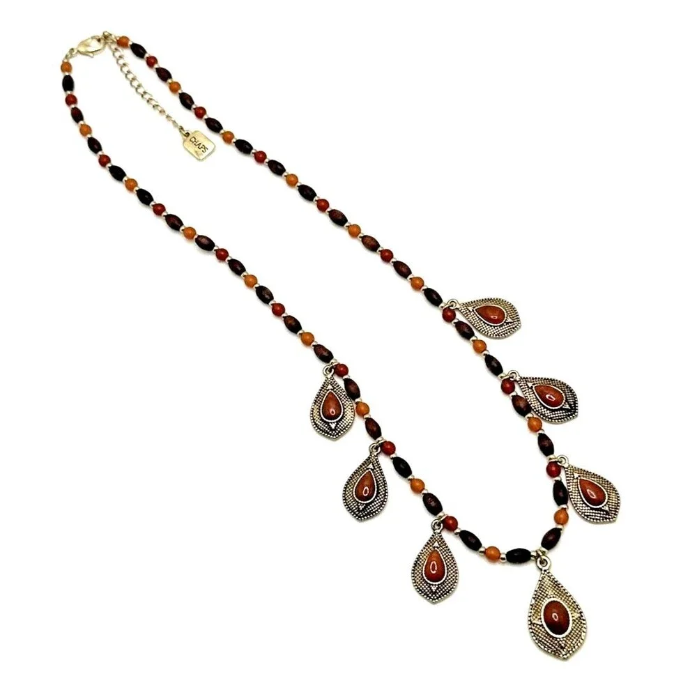 Chaps Necklace Wood Bead Earth Tone Red Dangle Statement Boho 18-20